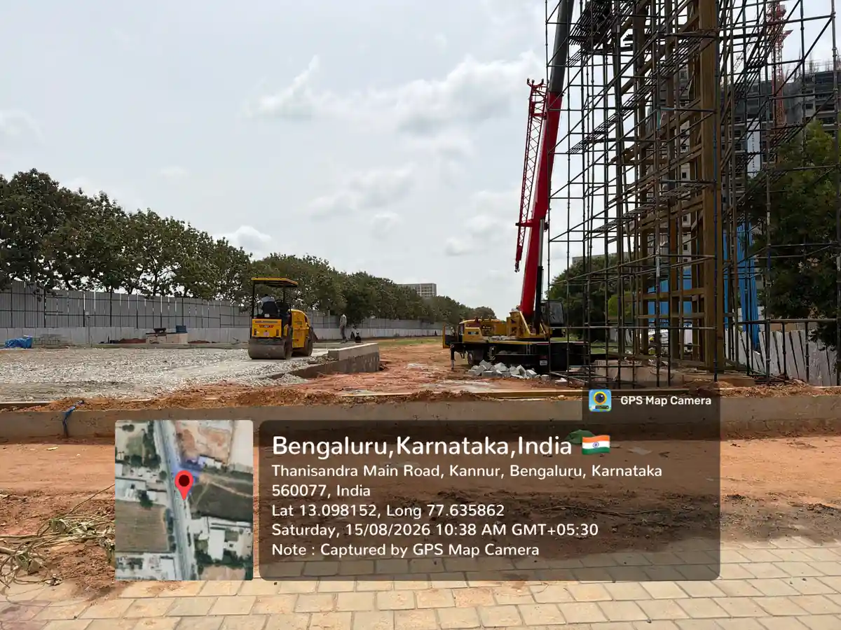 Featured Image of Prestige Avon Construction Update August 2026 - compaction works in progress across the site, GPS-stamped Thanisandra Main Road